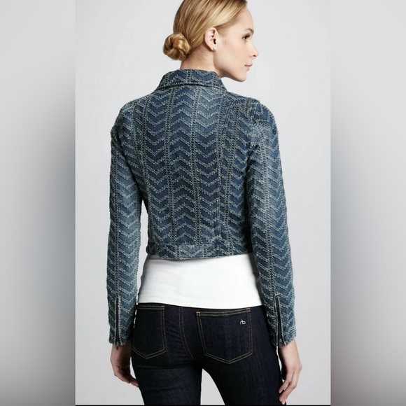 Free People Chevron Herringbone Punched Moto Jean Jacket Sz 4 Get Fall Readyđ! - Picture 13 of 13